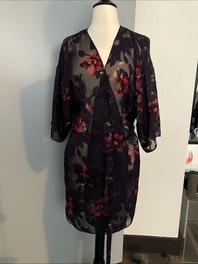 Secret Treasures Sheer Floral Wrap Robe in Dark Purple with Red Accents